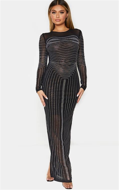 embellished long sleeve mesh dress